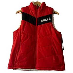 NBA Bulls Red Puffer Sherpa Vest‎ Reversible Womens Medium Full Zip Sleeveless